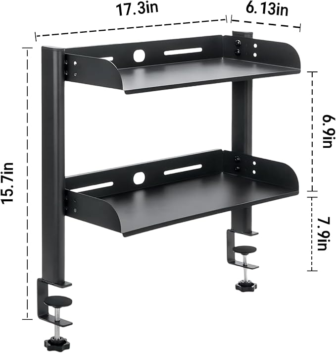 ShinJu Clamp on Desk Shelf for Top of Desk 2 Tier Above or Under Desk Storage Gaming Desk Organizers and Accessories Metal Storage Shelves for Office Standing Desk Accessories Under Desk Bookshelf