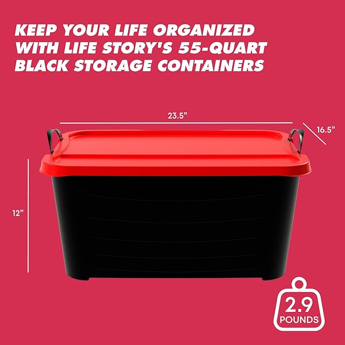 Life Story 6 Pack Heavy Duty Stackable Storage Bin, 55 Quart Home Organizer, Versatile Lightweight Locking Bins with Carrying Handles, Black/Red