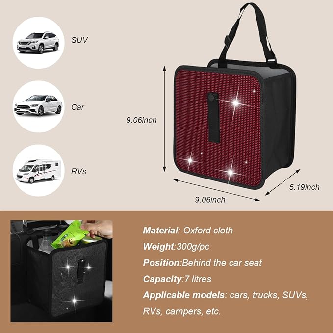 Car Trash Can, Bling Rhinestone Crystal Waterproof Hanging Garbage Bag for Car Interior, Oxford Leakproof Foldable Waste Organizer Trash Bin Universal for Most Vehicles (Red)