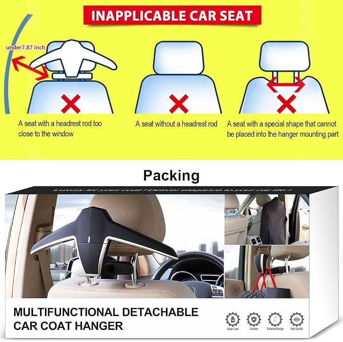 2 Car Back Seat Headrest Hanger with 4 Car Hooks for Coat, Jacket, Suit, Clothes, Purse, Handbag and Grocery Bags - Multi-Purpose Storage Holder for Automobile
