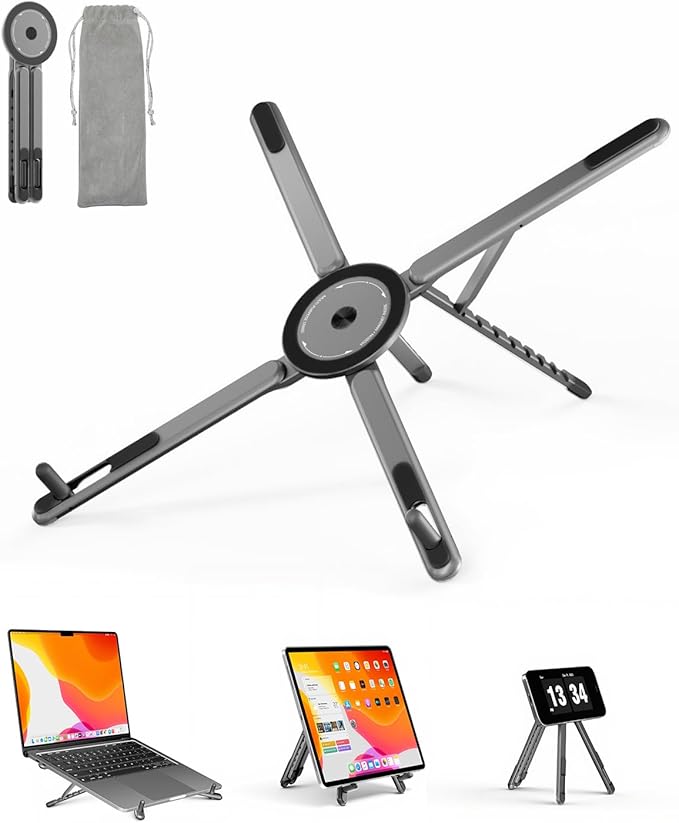 Viozon Portable Laptop Stand for Desk, Foldable Adjustable Computer Riser with Magnetic Phone Holder, Aluminum Laptop Stand for 10–16” Laptops & 4–13” Phones/Tablets (Space Grey)