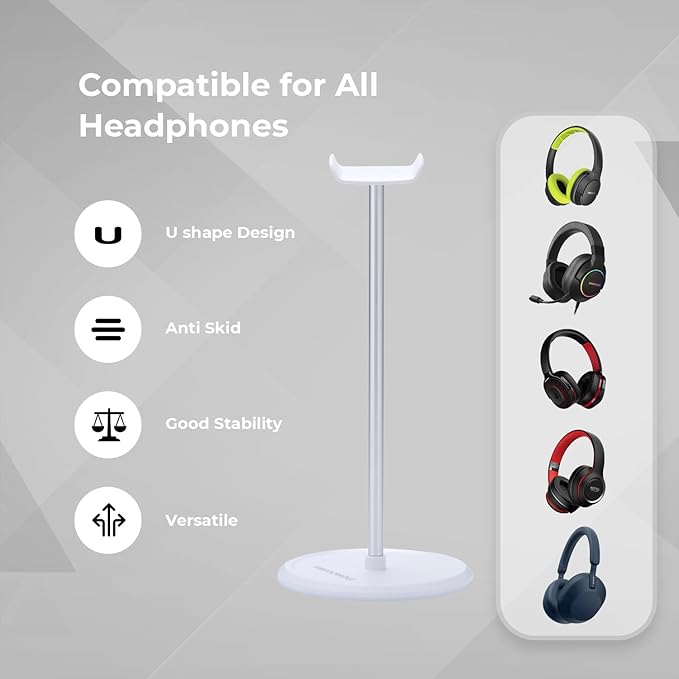 Headphone Stand for Desk, Top Curved U-Shaped Headset Holder with TPU Flexible Headrest, Aluminum Alloy Rod & ABS Solid Base with Non-Slip Silicone Under The Base, (White)