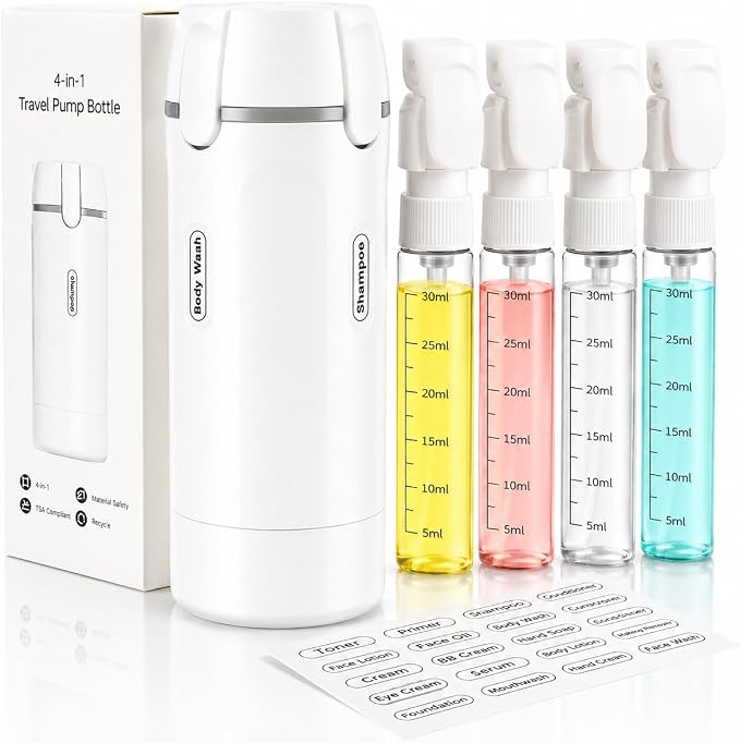 4 in 1 Travel Dispenser Bottle, TSA Approved Leak Proof Refillable Toiletry Containers for Shampoo, Conditioner, Lotion & Skincare – Easy Clean Travel Bottles for Gym, Business
