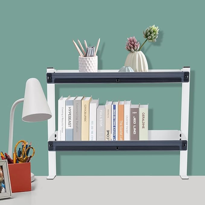 Clamp on Desk Shelf for Working Accessories, 2 Tier Office Desk Shelves Organizer with 2 Mounting Forms, Desktop Supplies Storage Rack with Steel Tray, Heavy Duty Desk Organizers, White