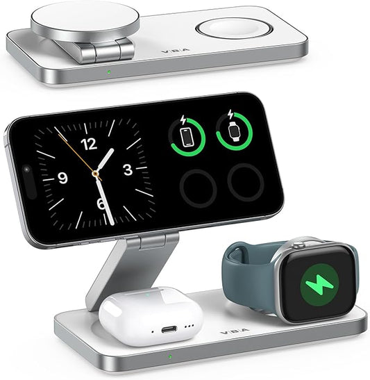 VBA 3 in 1 Wireless Charging Station for Apple MagSafe Charger,Foldable Fast Charging Magnetic Wireless Charger Stand,Travel Charger for iPhone 17 Air 16 15 14 13 12,Apple Watch,AirPods Pro(White)