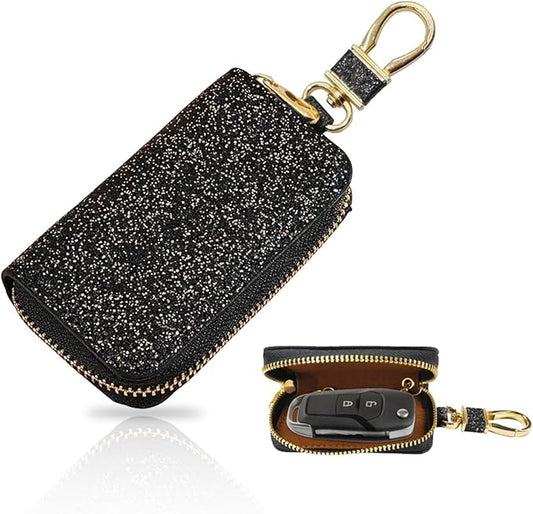 Bling Car Key Case, Leather Keyring Zipper Bag with Metal Hook, Remote Key Fob Cover, Auto Keychain Holder (Black Gold)