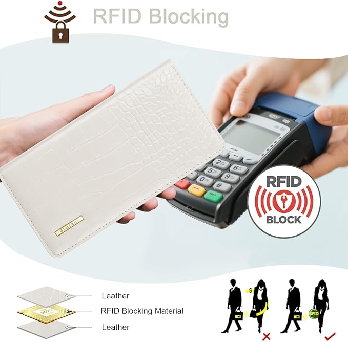 Wallet Women Bifold Faux Crocodile Leather Minimalist Slim Thin Long Wallets RFID Blocking Credit Cards Holder Purse with Back Zipper Coin Pocket for Women and Men,Beige