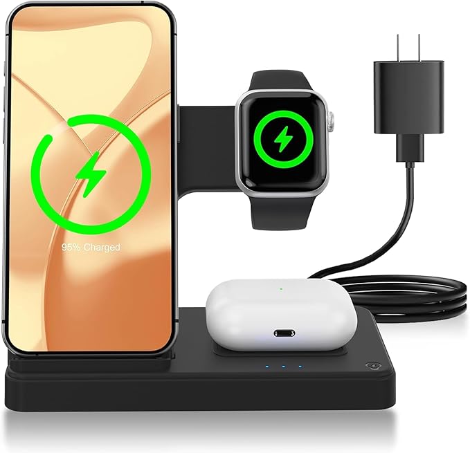 Portable 3-in-1 Wireless Charging Stand Dock, Compact Design for Bedroom and Travel, Compatible with iPhone 17/16/15/14/13/12 Series, for Apple Watch Ultra/SE/Series 11?? and for AirPods Pro 4/3/2