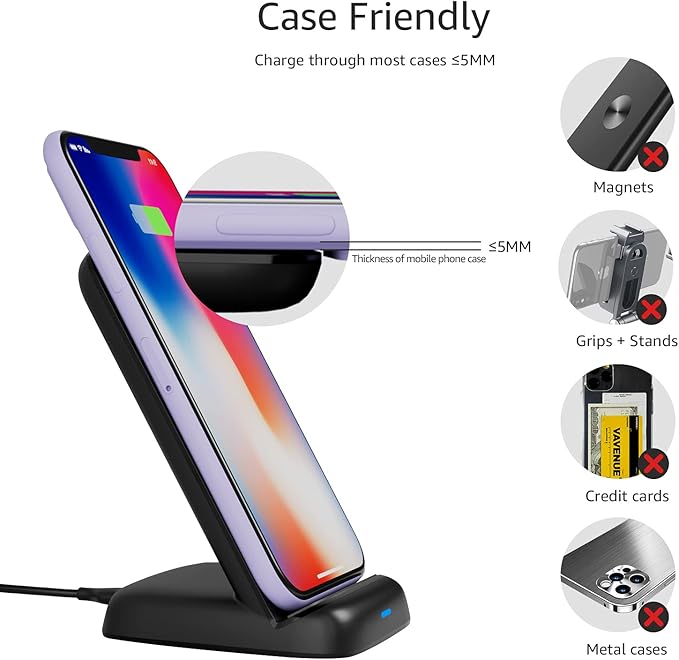 Amazon Basics 10W Qi Certified Wireless Charging Stand for Phone 16/15/14/13/12/11/X, Samsung, and More, with USB Cable, Black (No AC Adapter)