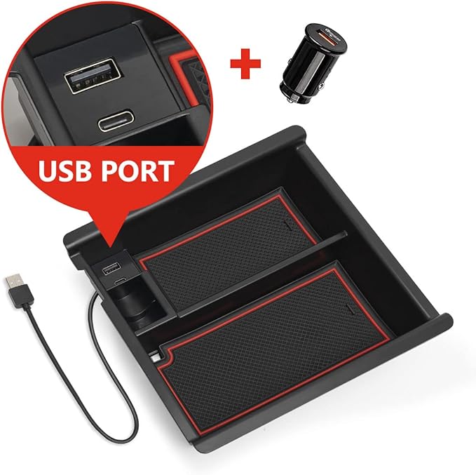 Center Console Organizer with USB Port for Toyota Tacoma Accessories 2023 2022 2021 2020 2019 2018 2017 2016,3rd Gen TRD Offroad Upgrades Mods Interior Para Organizador Coin Insert Tray Truck Box