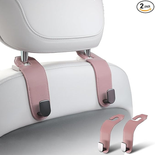 Car Headrest Hook, 2 Pack Leather Car Seat Hooks for Purses and Bags, Car Organization Accessories (Pink)