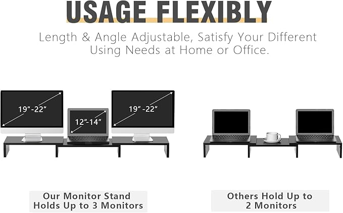 TAVR Dual Monitor Stand Riser Office Desktop Organizer Stand for 2 Monitors, Adjustable Length and Angle 3 Shelf, Extra Long Multifunctional Wooden Stand up to 43.3" fit Computer, Laptop, TV, Black