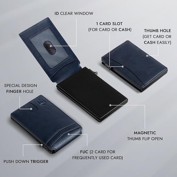 Zitahli Card Holder Wallet for Men, RFID Blocking Slim Wallet with ID window,Pop Up Metal credit card holder, Bifold Minimalist Wallet idea gifts for men