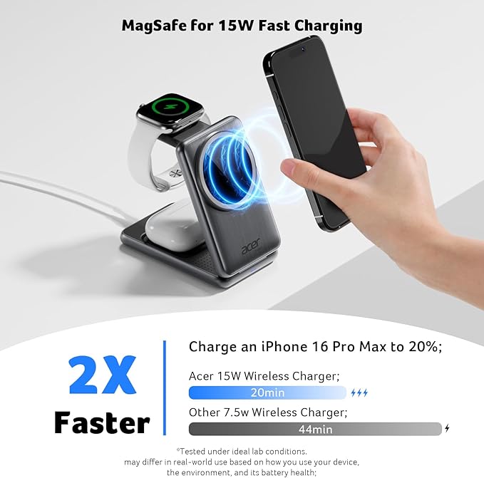 Acer 3 in 1 Charging Station for Apple Device, Magnetic Wireless Foldable Fast Charger Stand Compatible with MagSafe for iPhone, Apple Watch & AirPods, Foldable Charging Dock for Desk S3