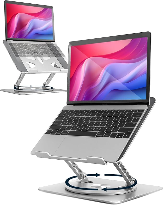 360° Rotating Laptop Stand for Desk | Adjustable, Foldable, Portable Aluminum Ergonomic Riser | Compatible with MacBook, Dell, HP & All Laptops 10-16 inch | Silver