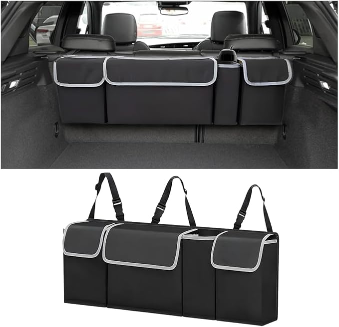 BELOMI Car Trunk Organizer, Auto Waterproof Sturdy Backseat Hanging Large Storage Collapsible Cargo Bag with Anti-Slip Adjustable Strip&4 Pockets, Vehicle Interior Accessories for Man Woman (Black)