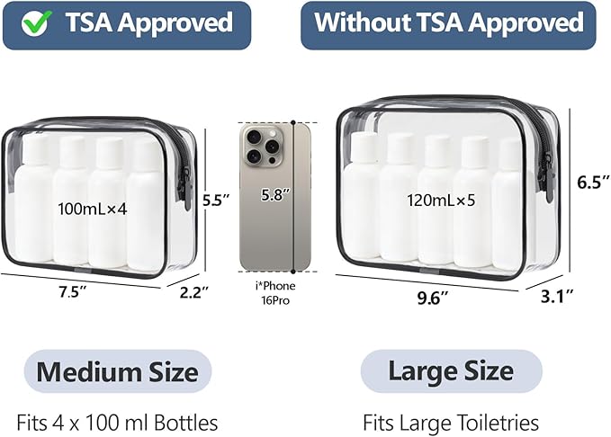 PACKISM TSA Approved Toiletry Bag 2 Pack - 1 Medium TSA Quart Carry-On & 1 Large for Checked Luggage, Water-resistant Clear Makeup Bag Clear Travel Bags for Toiletries, Active Black