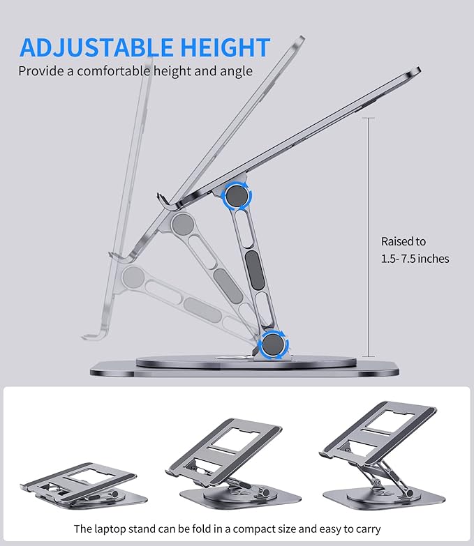 AOEVI Adjustable Laptop Stand with 360 Rotating Base, Stable Computer Stand for Laptop Ergonimic Foldable Laptop Riser for Desk Compatible with MacBook Pro/Air Notebook up to 16 Inches, Grey