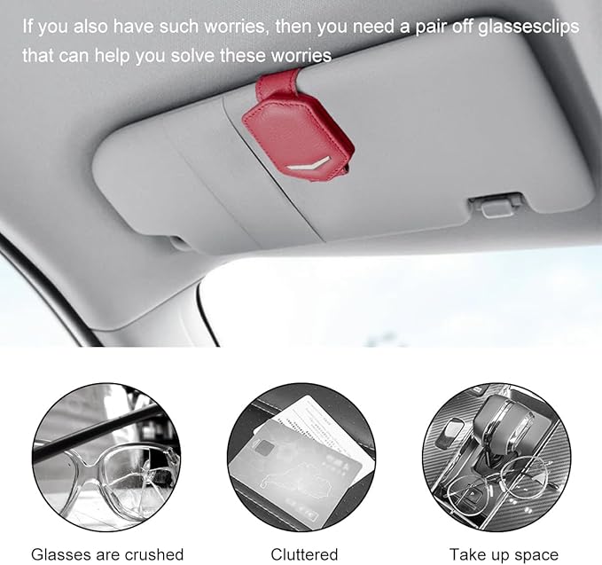 KVAEY Sunglasses Holders for Car Sun Visor, Magnetic Auto Visor Eyeglasses Holder Ticket Card Clip, Multifunctional Leather Sun Visor Glasses Hanger Mount Clip, Car Accessories (Red)