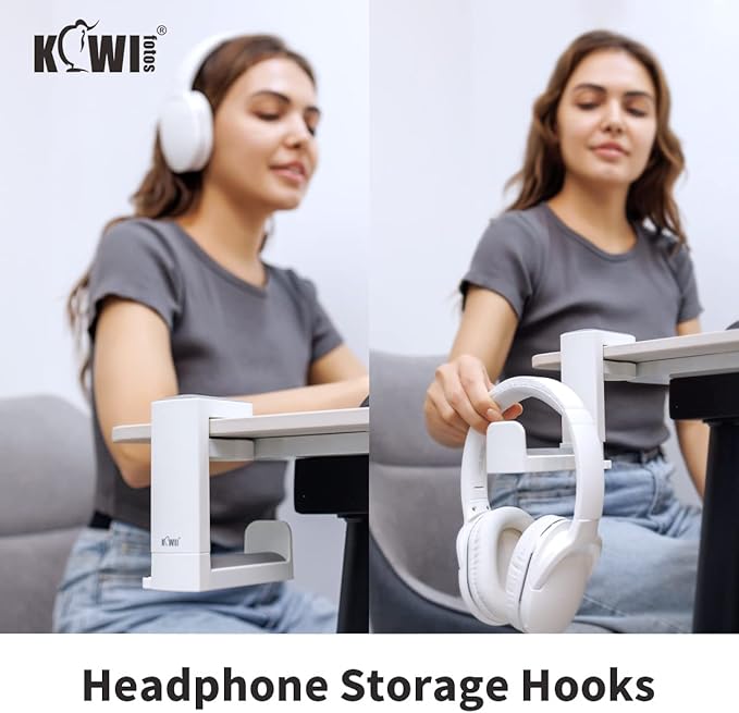 KIWIFOTOS Headphone Stand Holder Under Desk, PC Gaming Headset Hook Hanger Mount with 360 Adjustable Rotating Arm Clamp & Built in Cable Clip - White