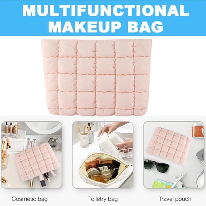 FITINI Makeup Bag Travel Large Portable Quilted Floral Print Cosmetic Organizer Cute Pouch for Women Soft Cotton Zipper Waterproof Toiletry Storage Bags