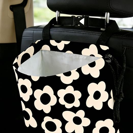 Black Flower Car Trash Bag - Waterproof Car Trash Bag Hanging Leakproof Car Garbage Bag - Washable Reusable Trash Bag for Car Interior Hanging Organizer Storage Vehicle Travelling Camping