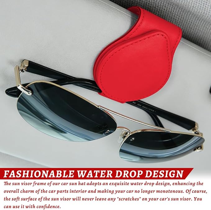 Sunglasses Holders for Car Visor, PU Leather Car Organizer, Magnetic Glasses Holder and Ticket Card Clip, Multi-Functional Auto Sun Visor Eyeglass Holder for Most Vehicles (Red)