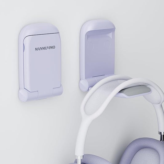 MAMUVIMO Headphone Stand, Headset Stand Foldable ＆ Sticky, Headphone Holder Hook Mount with Non-Slip Silicone, Adhesive Earphone Desk Hanger Clip Space-Saving for Airpods Max, All Earphones- Purple
