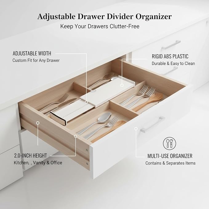 Expandable Drawer Organizer Insert - Tool-Free Adjustable Divider for Kitchen, Bathroom & Office Storage (1 Piece, White)