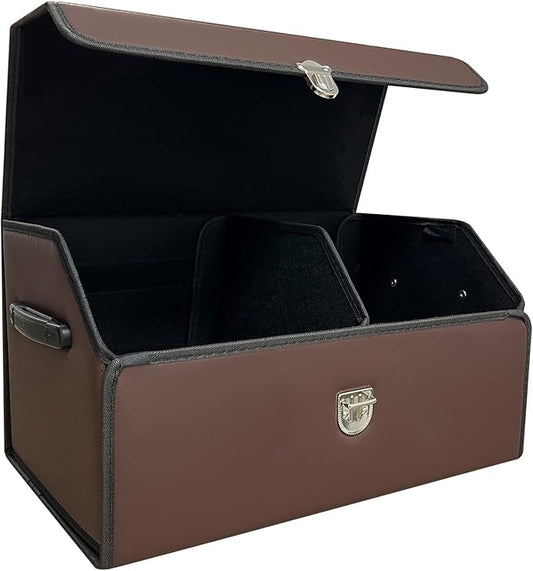 Trunk Organizer for Car With Lid,Foldable Trunk Organizer for SUVs & Sedans,Multi-Functional Leather Storage Box - Brown - Small