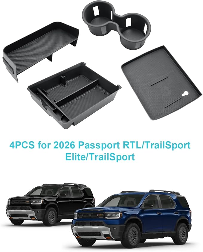 CDEFG 4Pcs for 2026 Honda Passport Center Console Organizer, for 2023 2024 2025 2026 Honda Pilot Accessories Middle Console Divider Storage Box & Armrest Tray & Wireless Charging Cover & Cup Holder