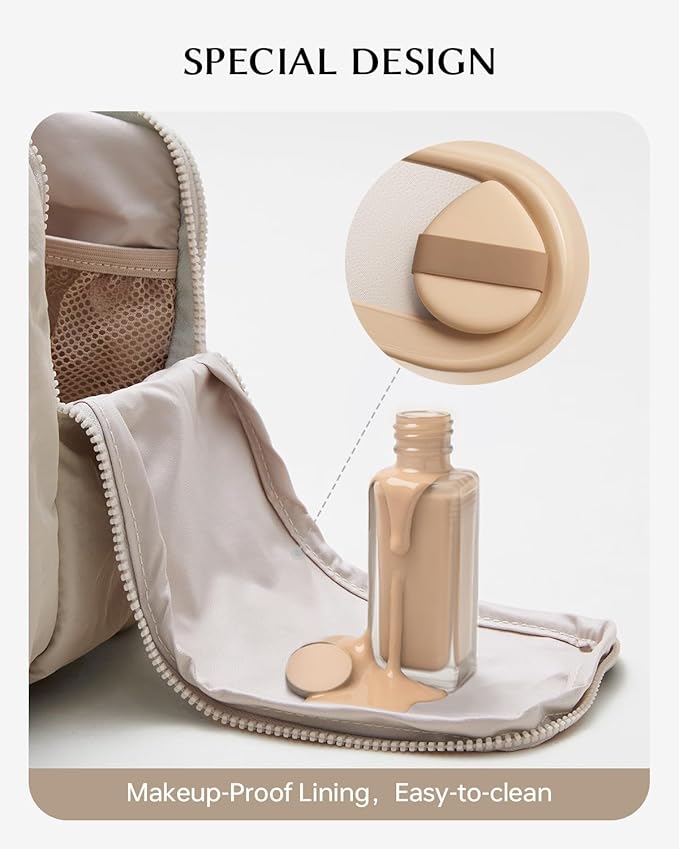 EACHY Travel Makeup Bag with Handle, Large Capacity Makeup Organizer, Waterproof Cosmetic Bag for Women, Wide-Open Design, Portable Toiletry Case for Travel, Accessories, and Essentials (Beige)