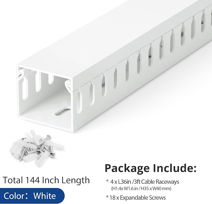 ZhiYo H1.4 W1.6 in Server Rack Cable Management Raceway, 12ft (4 X L3ft) Cable Raceway Kit, Electrically Safe PVC Open Slot Wire Cord Hider for Under Desk/Computer/Network Cords, White