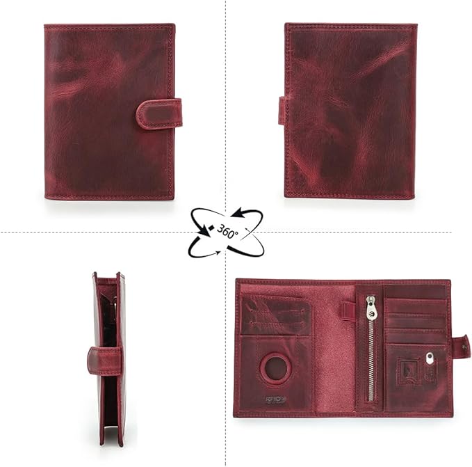 CONTACTS Full Grain Leather Passport Holder Compatible with Airtag Passport Wallet RFID Blocking Travel Passport Cover with SIM Card Removal Tool (Red)