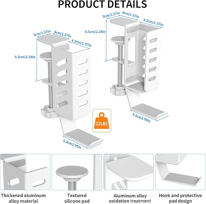 Adjustable Desk Side Laptop Holder with Headphone Stand - No Drill Clamp Organizer for Laptops, Tablets, Keyboards (White) - Sturdy Steel & Silicone Pad Protection