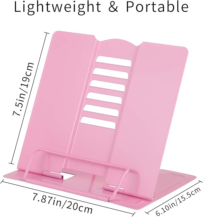 Blizzow Desk Book Stand Holder - Hands Free, Adjustable Metal Stand, Foldable Portable Bookstand - Cookbook, Recipe, Tablet, Music, Documents (Pink)