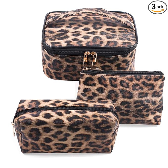 FITINI Leopard Makeup Bag 3 Pack Travel Toiletry Bag Portable Cheetah Printed Women Cosmetic Pouch Organizer with Zipper Waterproof Storage Case for Girls