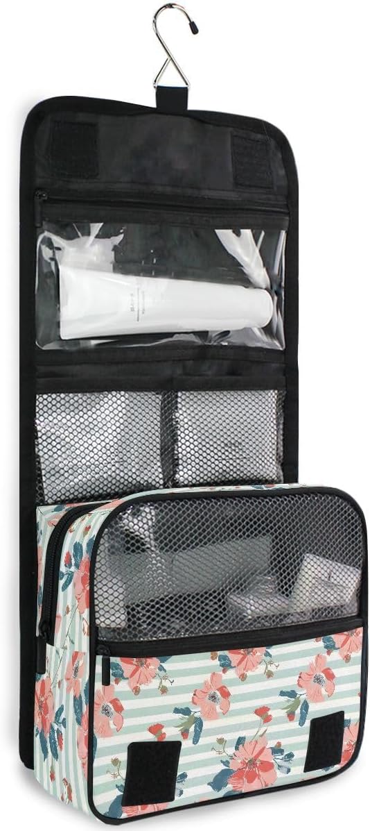 Hanging Travel Toiletry Bag Floral on Striped Kit Makeup Case Cosmetics Organizer for Men Women