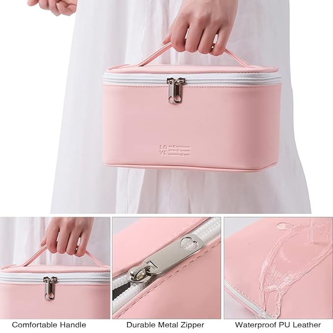 3 Pack Makeup Bag Sets Travel Large Toiletry Bag Portable Cosmetic Zipper Pouch with Brush Organizer Waterproof Small Storage Case for Women and Girls,Light Pink