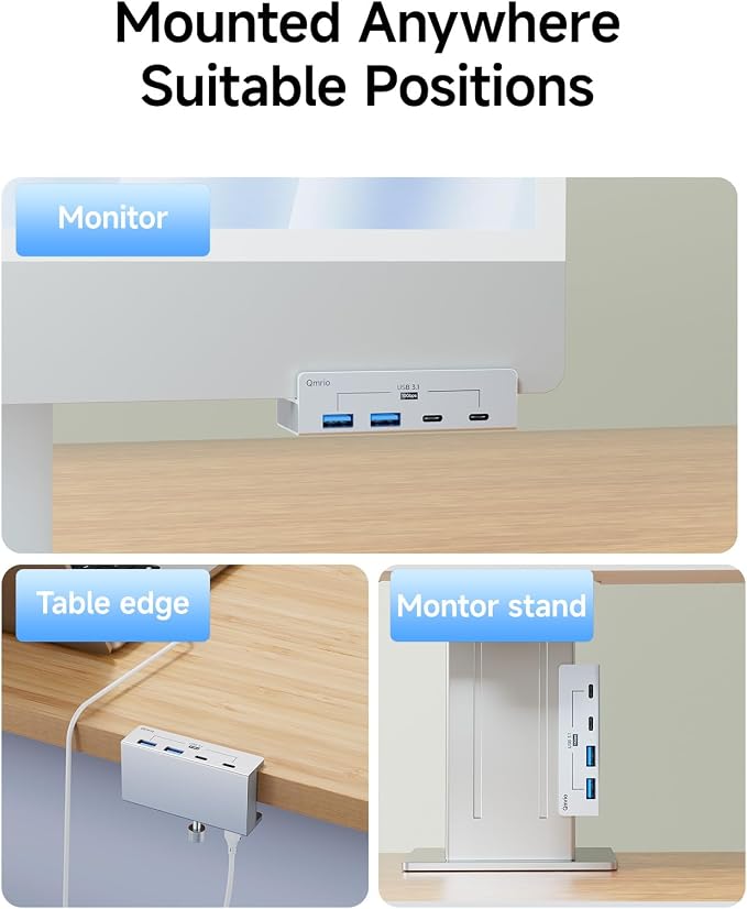 USB Hub 3.1, 10Gbps Clamp USB Hub with 2 USB-A Data Ports, 2 USB-C Port with Extra Power Supply Port (Silver)