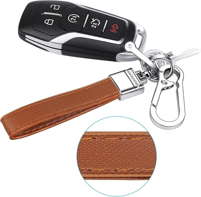 QBUC Genuine Leather Car Keychain,Universal Heavy Duty Metal Key Chain Accessories,Car Fob Key Keychain Holder with 360 Degree Rotatable Snap Swivel and Anti-Lost D-Ring for Men Women(Brown)