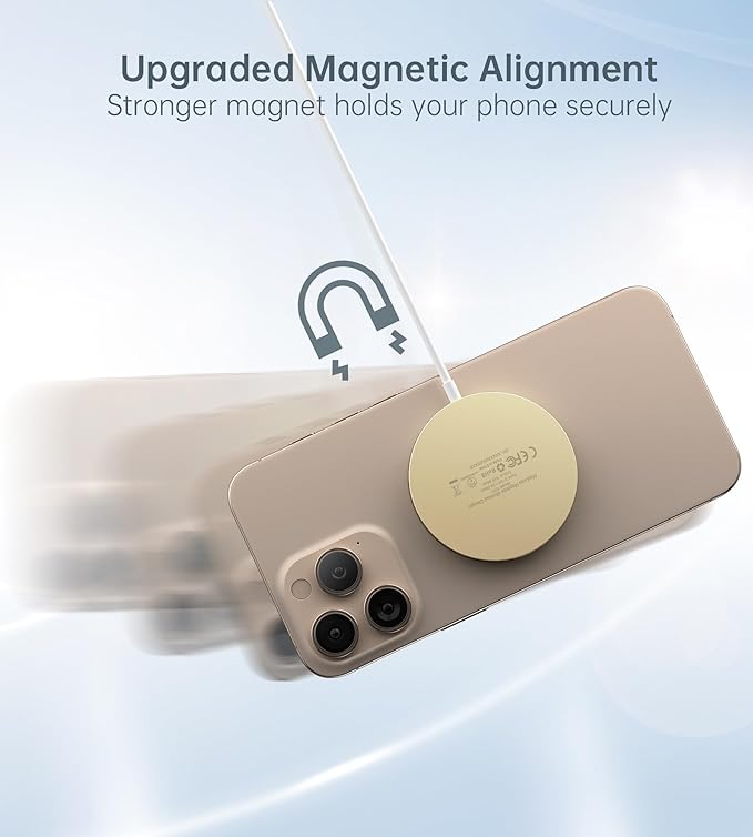 Magnetic Wireless Charger for iPhone 17/16/15/14/13/12 - Mag Charger+20W USB C Adapter, Fast Wireless Charging Stand/Pad with 5ft Cable for iPhone 17/16/15/14/13/12 Pro Max Plus Mini 17 Air, Gold