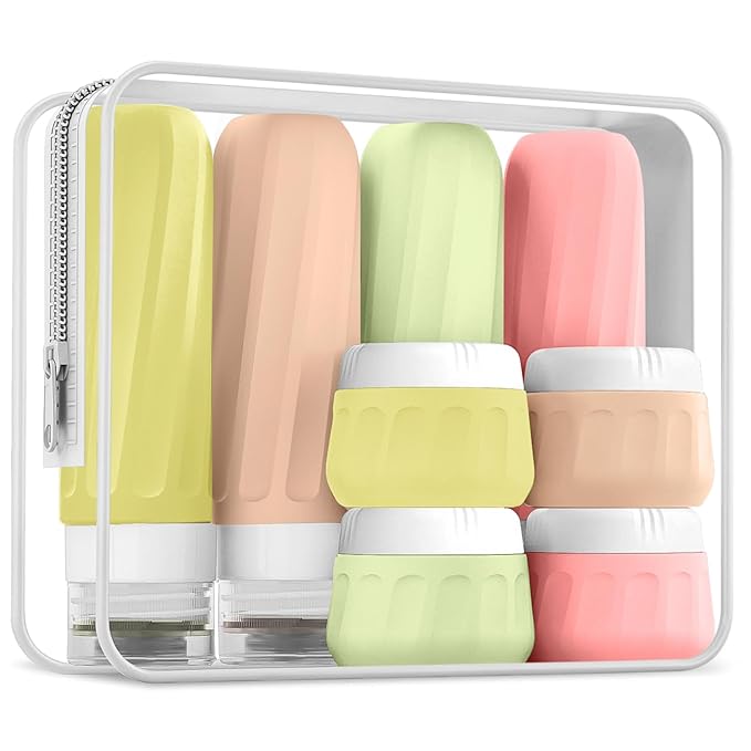 Mrsdry Travel Bottles for Toiletries 8 Pack, Travel Size Toiletries, Tsa Approved Travel Size Containers 3oz, with Travel Essentials Clear Bag, Leak Proof Silicone Squeezable Creams Jars