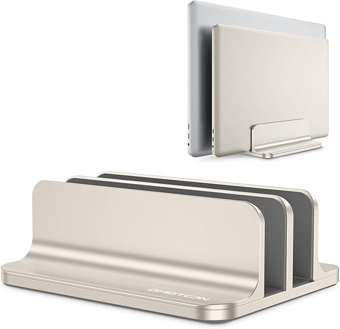 OMOTON Vertical Laptop Stand [Updated Double Version], Desktop Aluminum Mac Book Stand with Adjustable Dock Size, Fits All Mac Book, Surface, Chrome Book and Gaming Laptops (Up to 17.3") (Starlight)