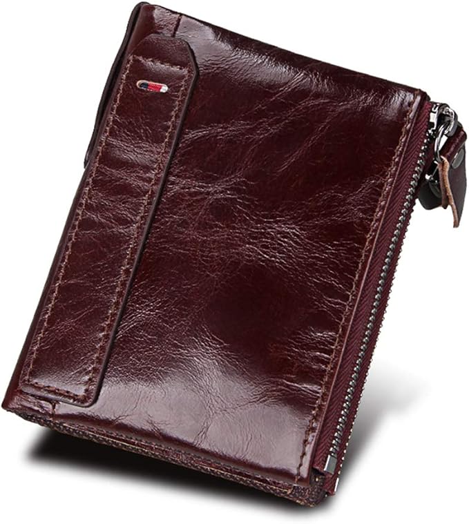 Men's Folding Double Zip Wallet RFID Blocks Retro Short Coin Purse