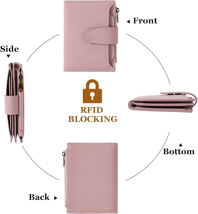 Airkit Small Wallet Women RFID Blocking Soft Leather Bifold Compact Card Holder Wallet for Women with Zipper Coin Pocket 4 ID Window