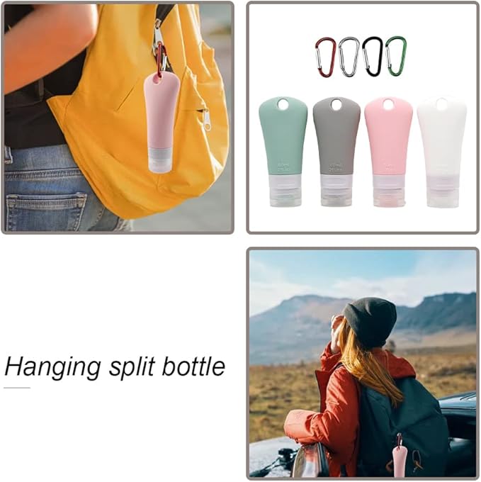 4 Pcs 60ml Leakproof Silicone Travel Bottle Portable Travel Containers Set Refillable Squeezable Container with 4 Hook Carabiner for Travel Toiletries