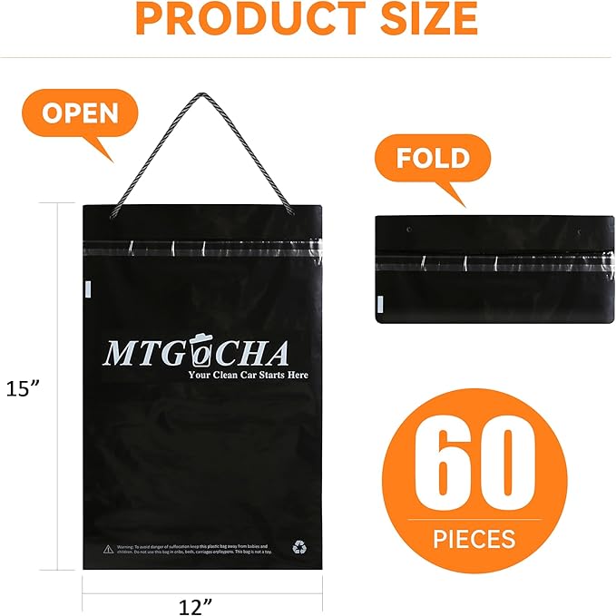 Disposable Car Trash Bags Hanging (Set of 60) - Leak-Proof, Smell-Proof, Recycled Car Garbage Bags, Automobile Trash Container, Road Trip Essentials, Black-Medium