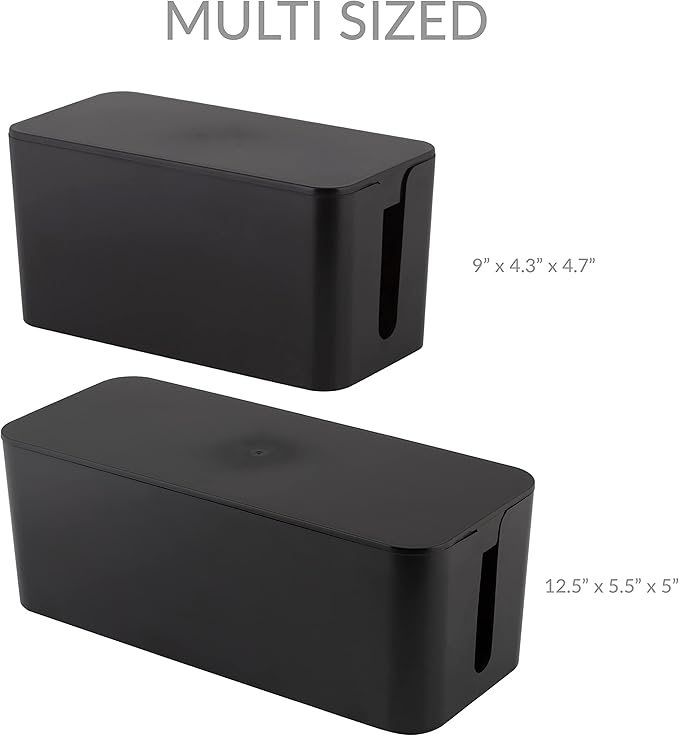 Simplify 2 Pack Cable Organizer Box | Multi-sized | Hidden Storage with Lid | Chargers & Wires | Computer & TV Cords | Black