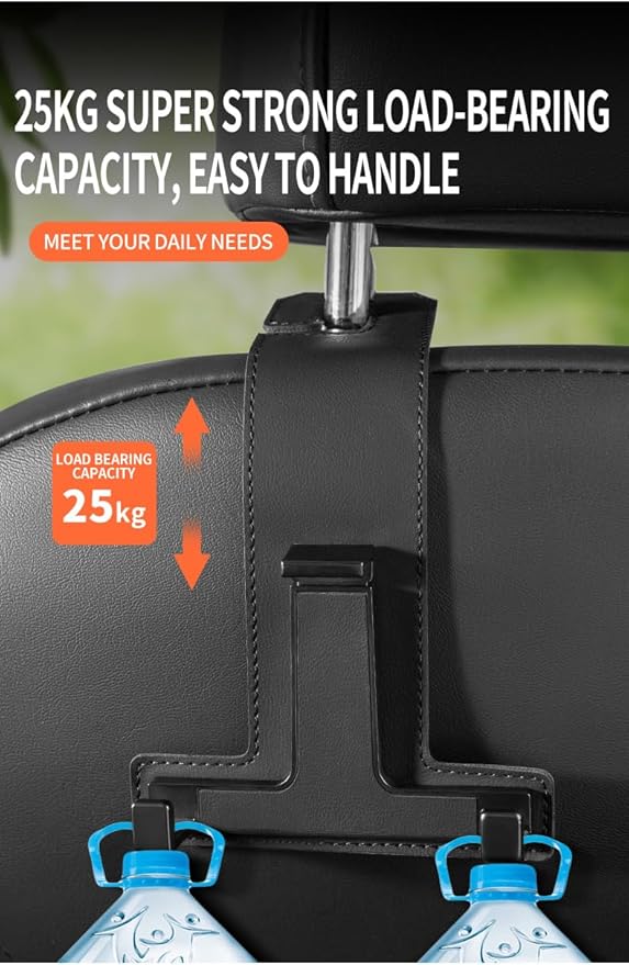 Car Hooks for Headrest, Multifunctional Luxurious Leather and Magnesium Alloy Car Seat Back Hook & Mobile Phone Holder, Double Headrest Hanger Storage Hook for Purses, Handbags (Black)
